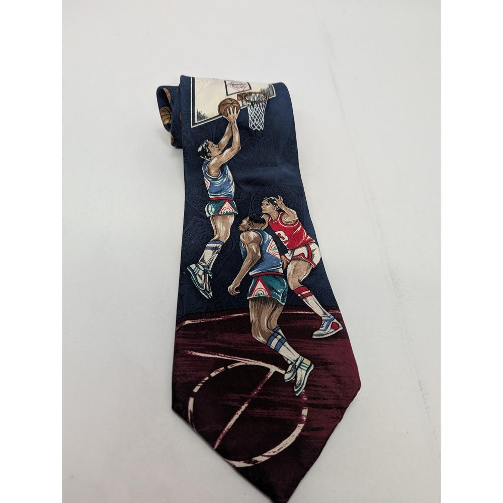 Tabasco Mens Basketball Silk Tie Navy Blue Red Novelty Sports Graphic Print